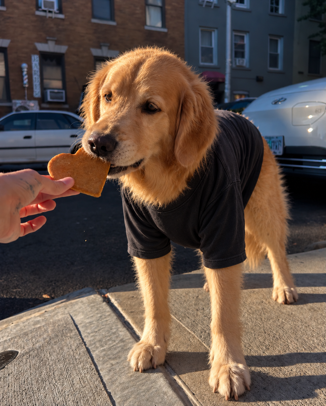 Bill com camiseta preta de caimento solto, recebendo um biscoito na rua