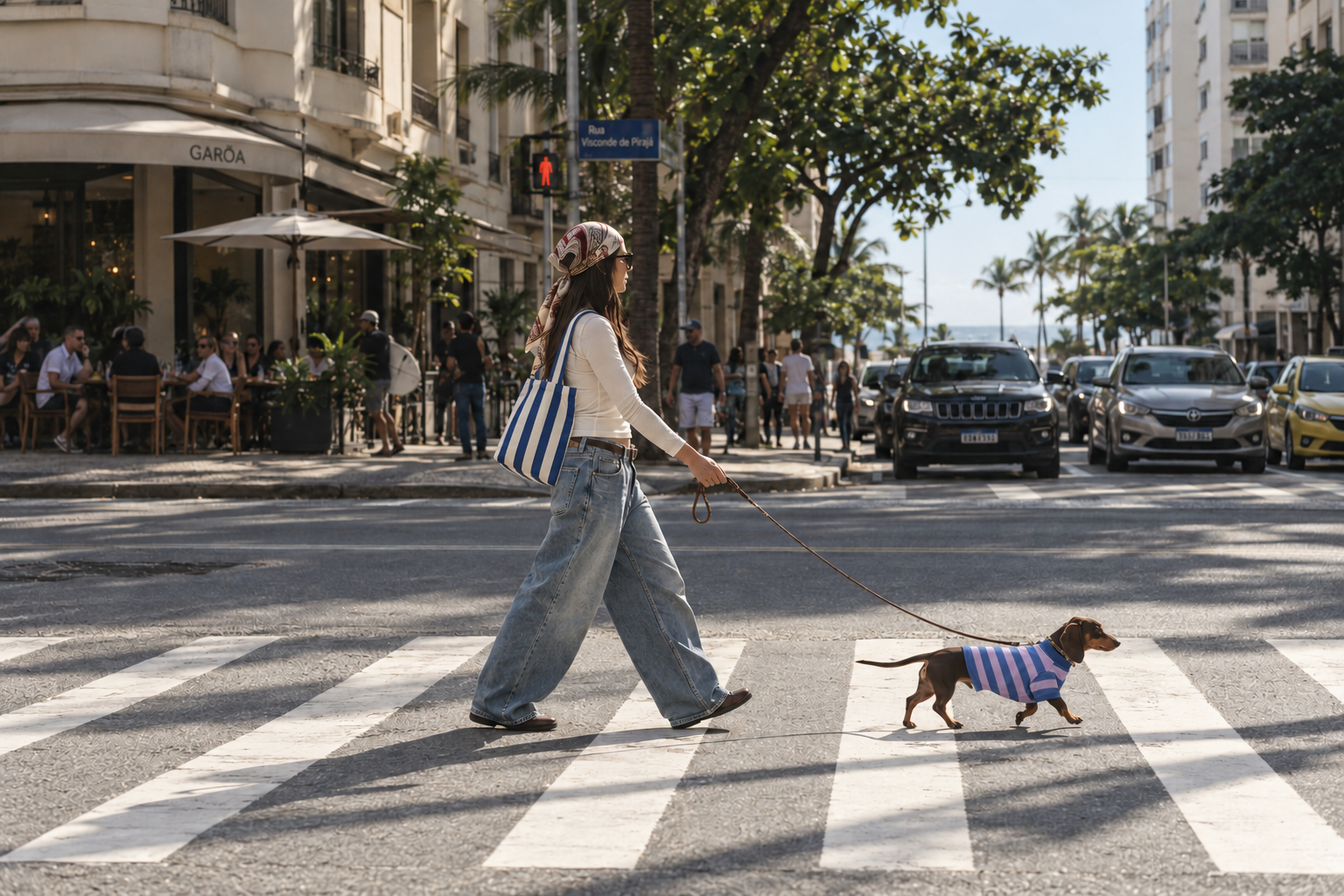 Mulher com tote listrada azul e branca atravessando a rua com salsicha de camiseta azul e lilás